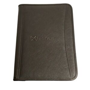 Leeds Black Leather Portfolio, zipper closure 13.5"x10". With embossed logo.